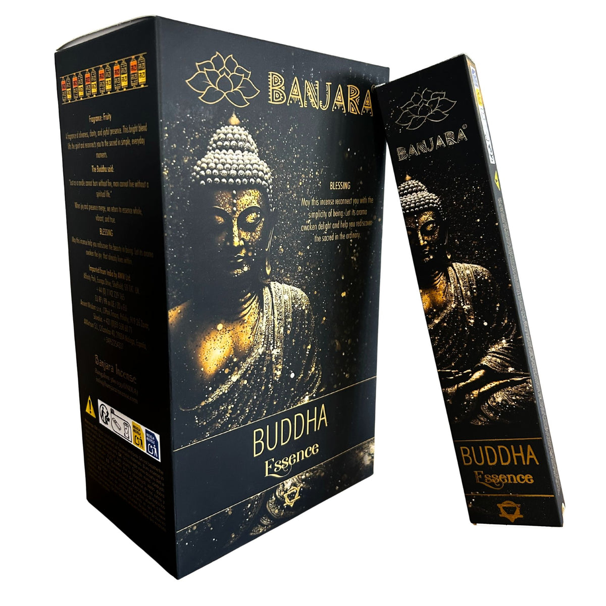 Banjara Buddha Essence incense in a black and gold box, with a matching slim pack beside it