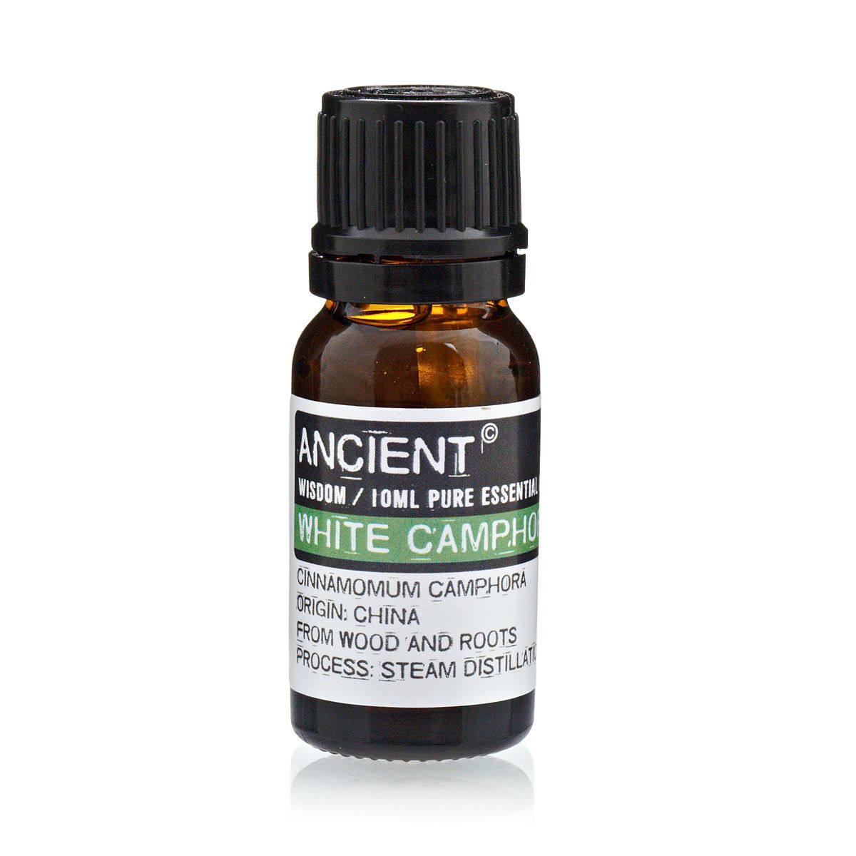 10 ml White Camphor Essential Oil in a brown glass bottle with a black cap, shown upright from the front