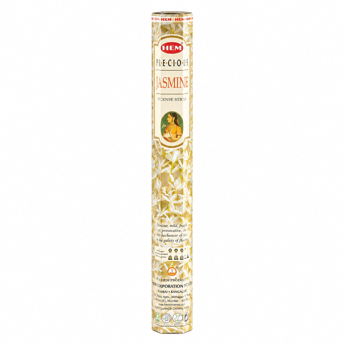 HEM Precious Jasmine incense in a tall hexagonal pack