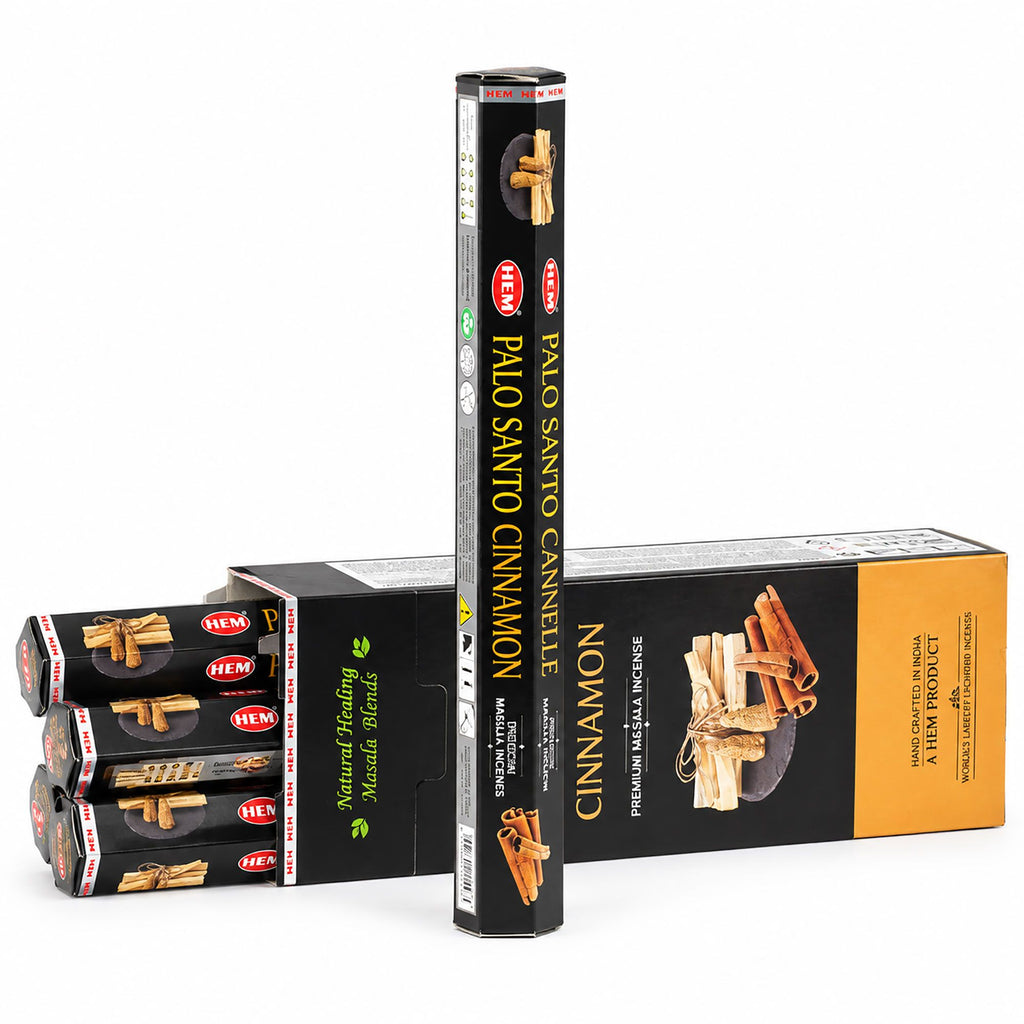 HEM Palo Santo Cinnamon incense pack shown with its box