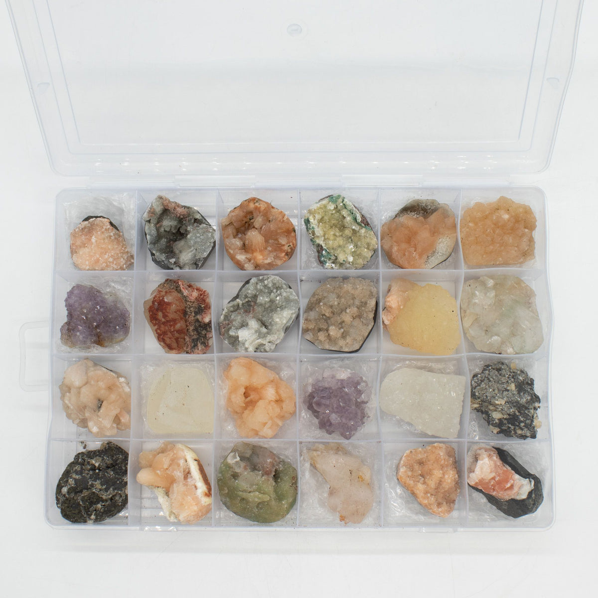 Mineral Specimens - Mixed Indian Zeolites in a Display (White Apophyllite, Stilbite,Finger Quartz, Amethyst, Green Stilbite, Heulandite)