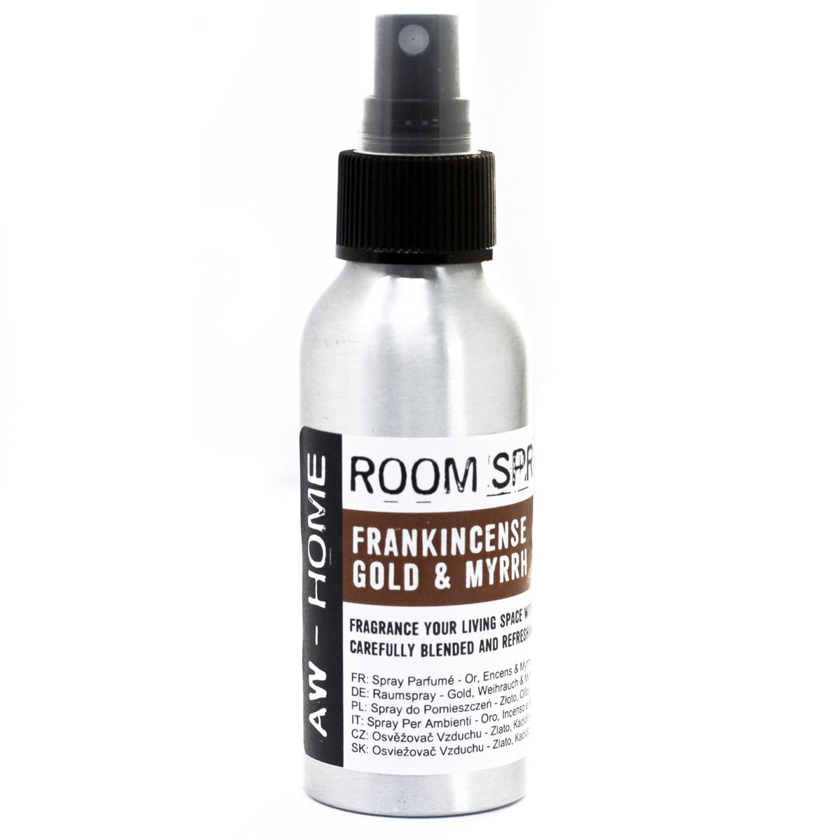 100ml Room Spray, Gold, Frankincense & Myrrh in a silver bottle with black spray top, front view