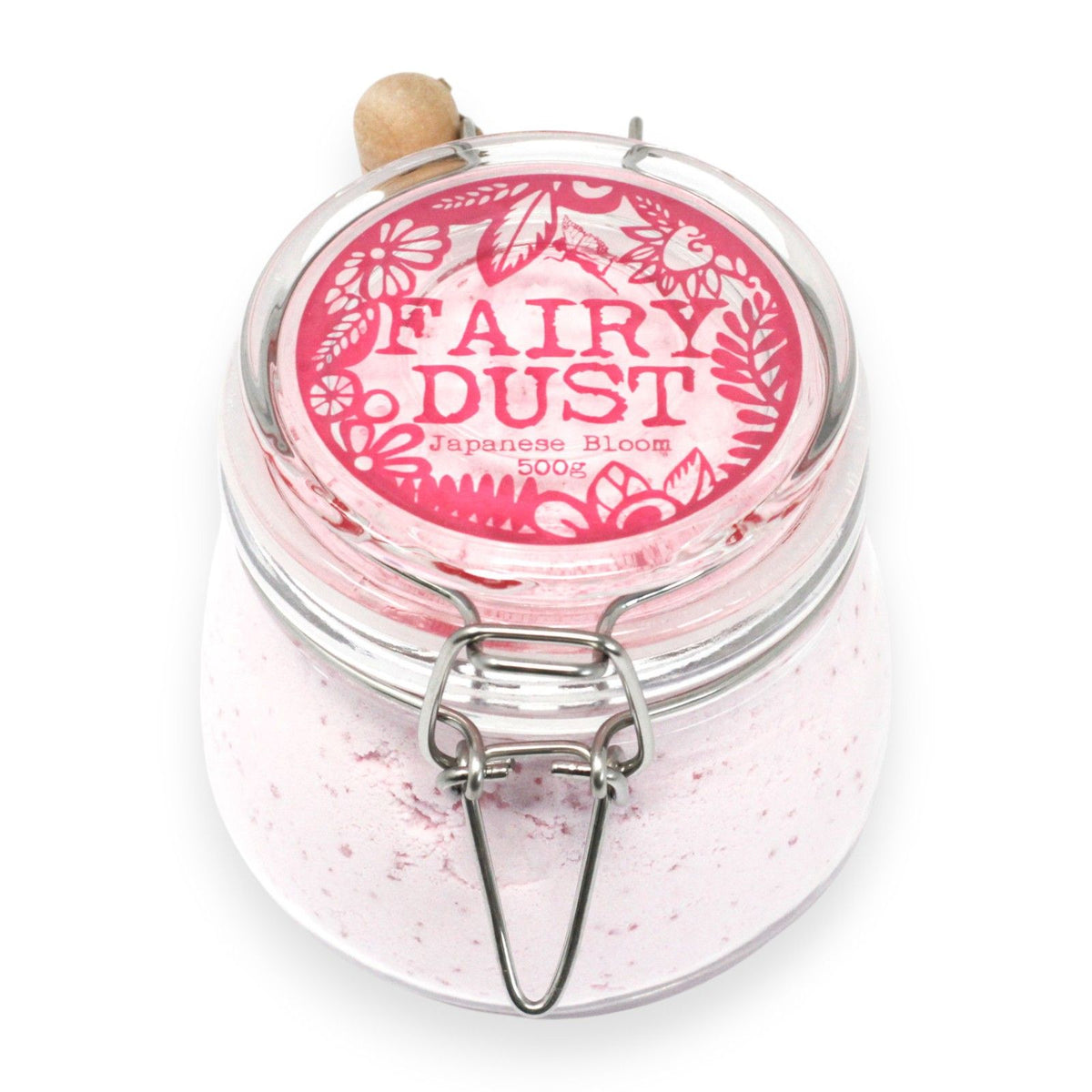 Agnes + Cat Fairy Dust 500g, Japanese Bloom in a clear clasp jar, viewed from above