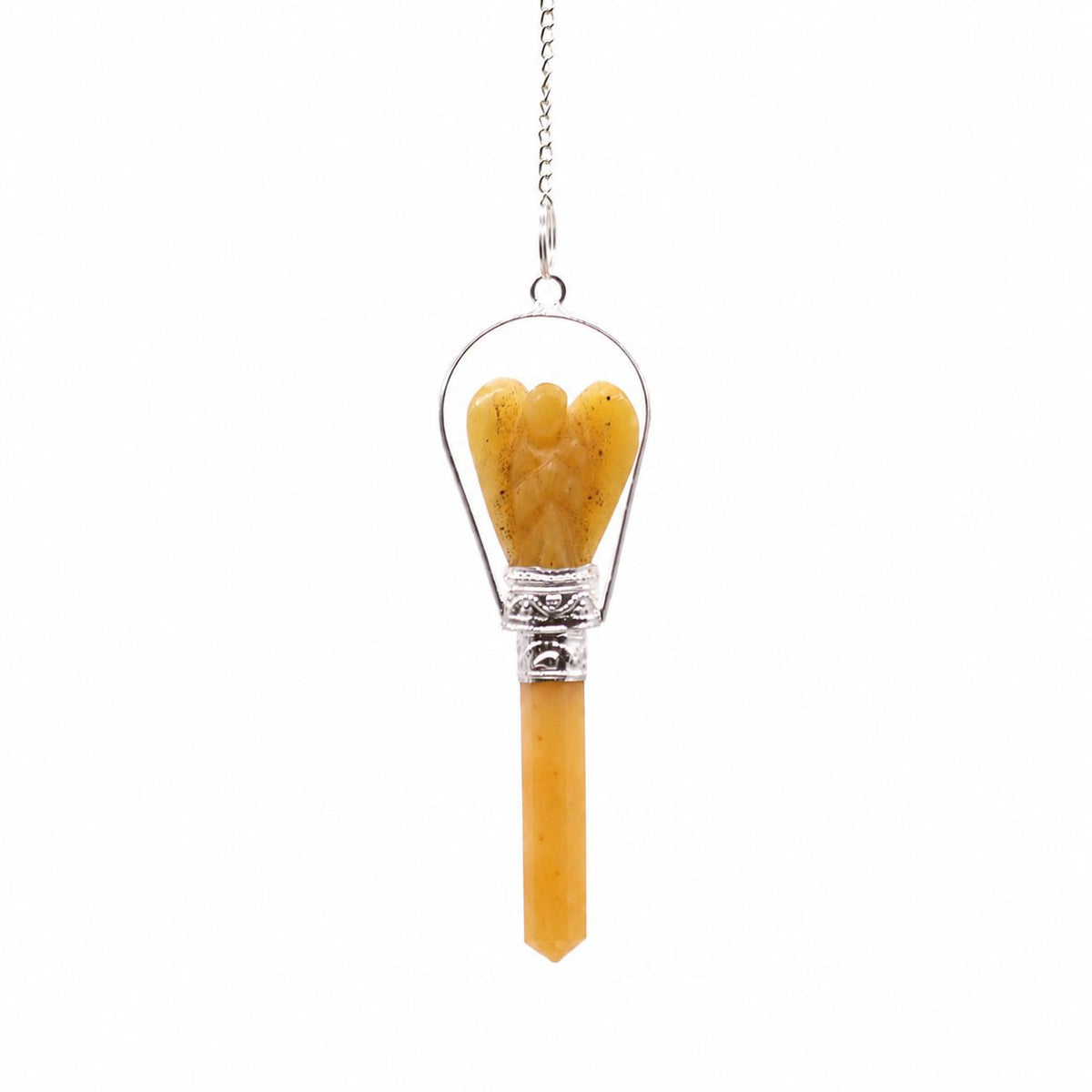 Yellow Quartz angel pendulum hanging from its chain against a plain white background