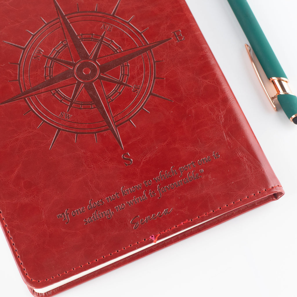 Close-up of the red cover’s compass design and wording