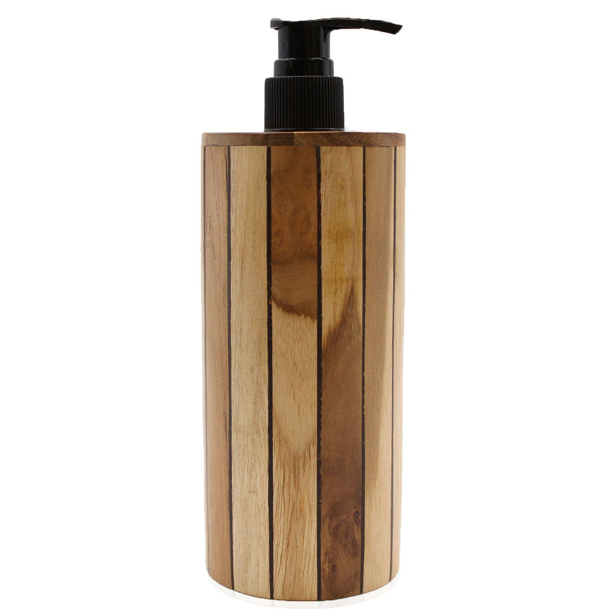Front view of the teakwood dispenser with its black pump fitted, isolated against a white background