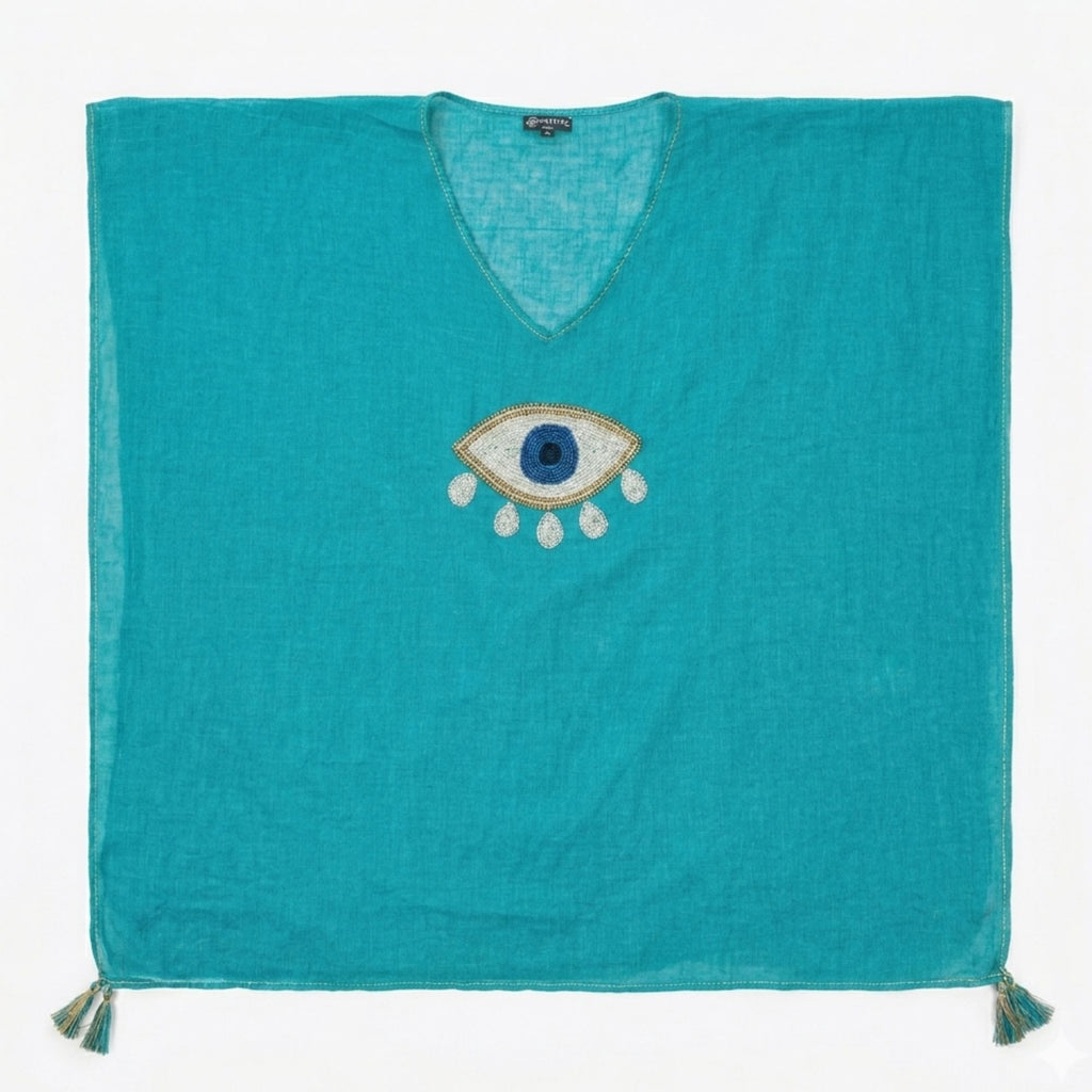 Nomad Sari On the Med Collection - Kaftan - Turquoise with Gold & White Large Evil Eye