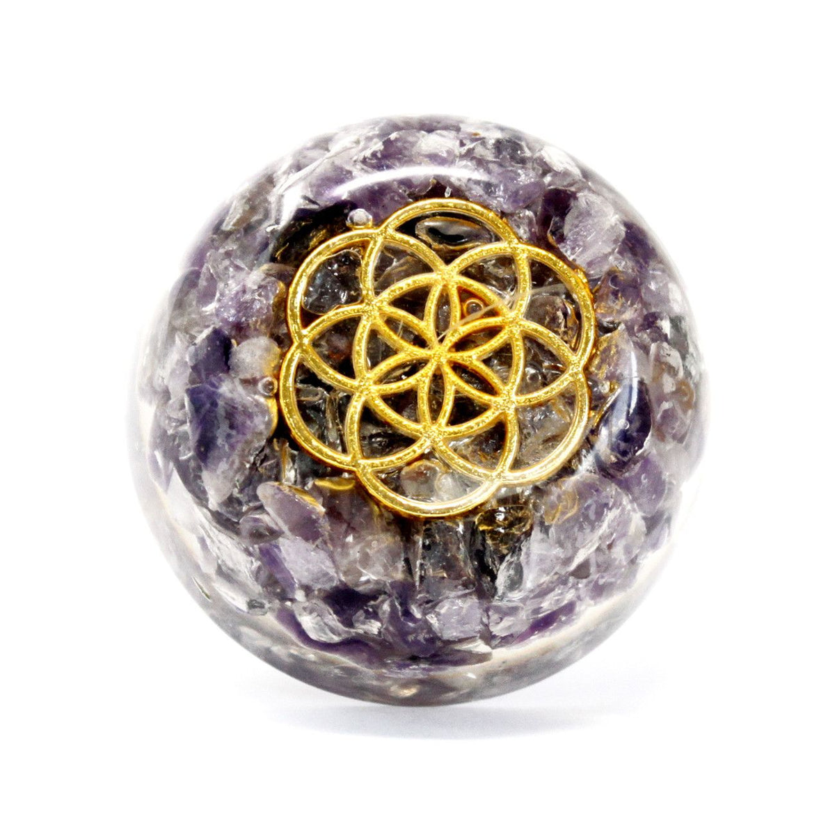 Amethyst Dome orgonite sphere from the front, showing the gold flower-of-life charm