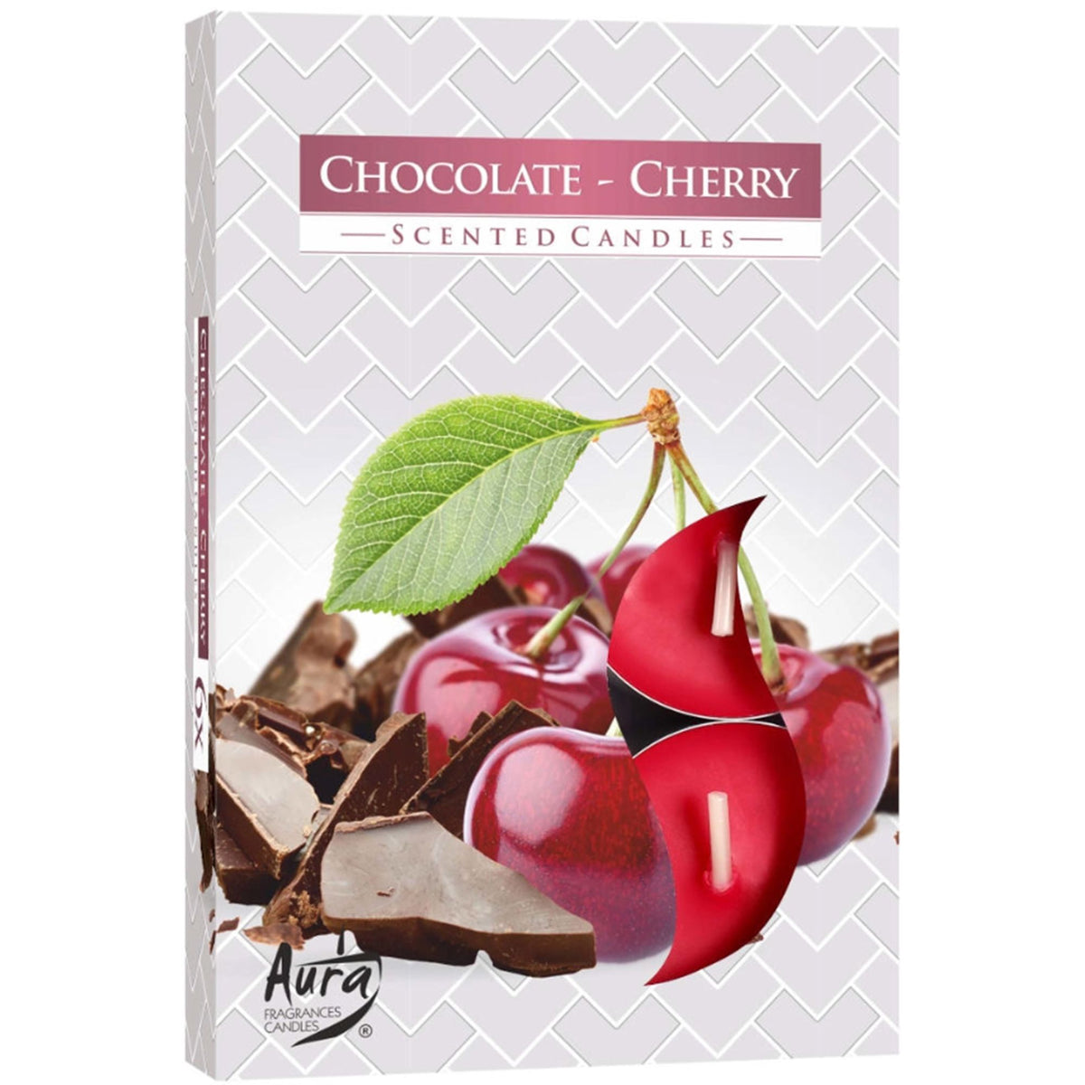Set of 6 Scented Tealights, Chocolate & Sour Cherry, patterned box showing cherries and chocolate