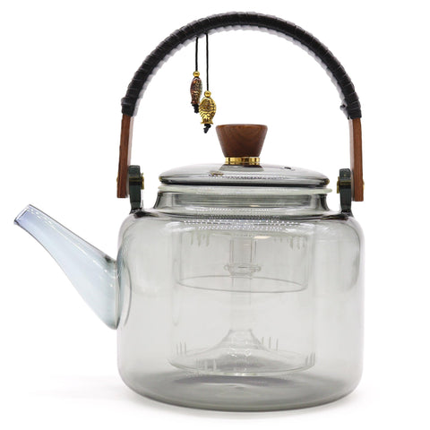 Glass Infuser Teapot, With Steamer System Charcoal, 1000ml, front view with lid and infuser inside