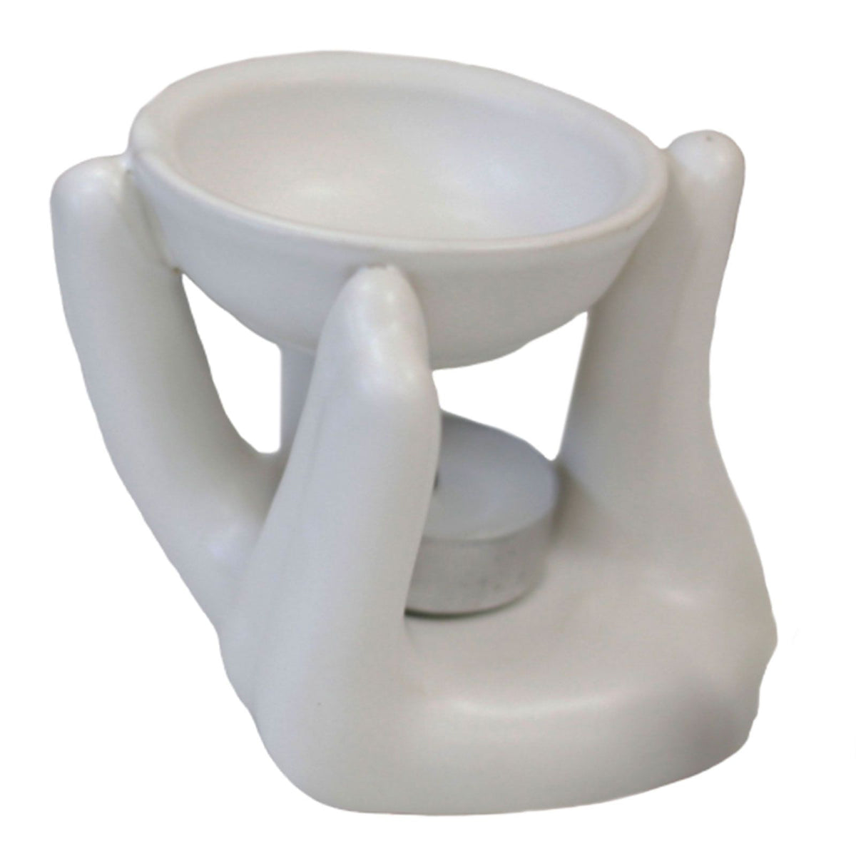 White helping hand oil burner shown alone from a front angle, dish and tea light holder visible