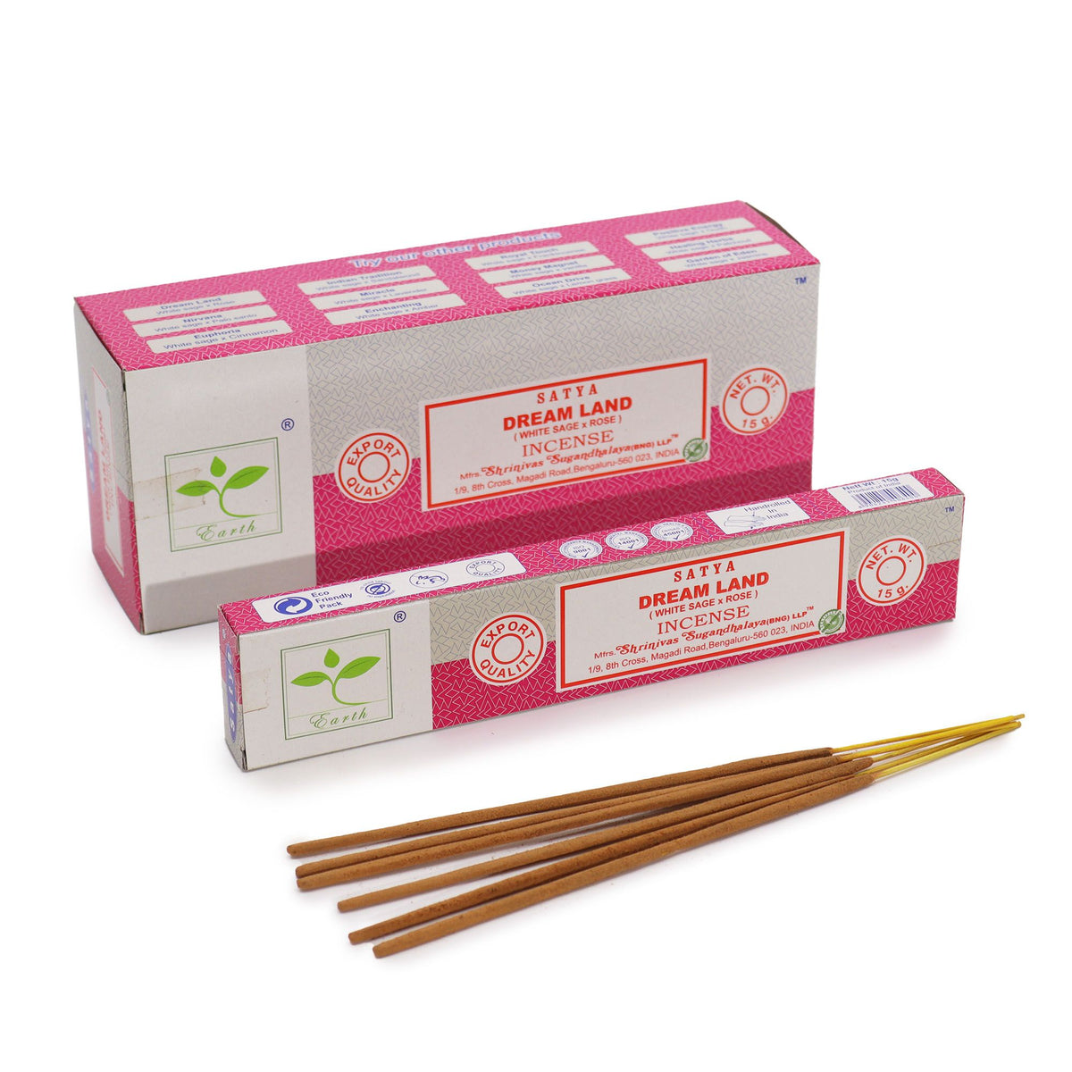 Satya Incense 15gm, Dream Land (White Sage & Rose), pink and white boxes with brown incense sticks