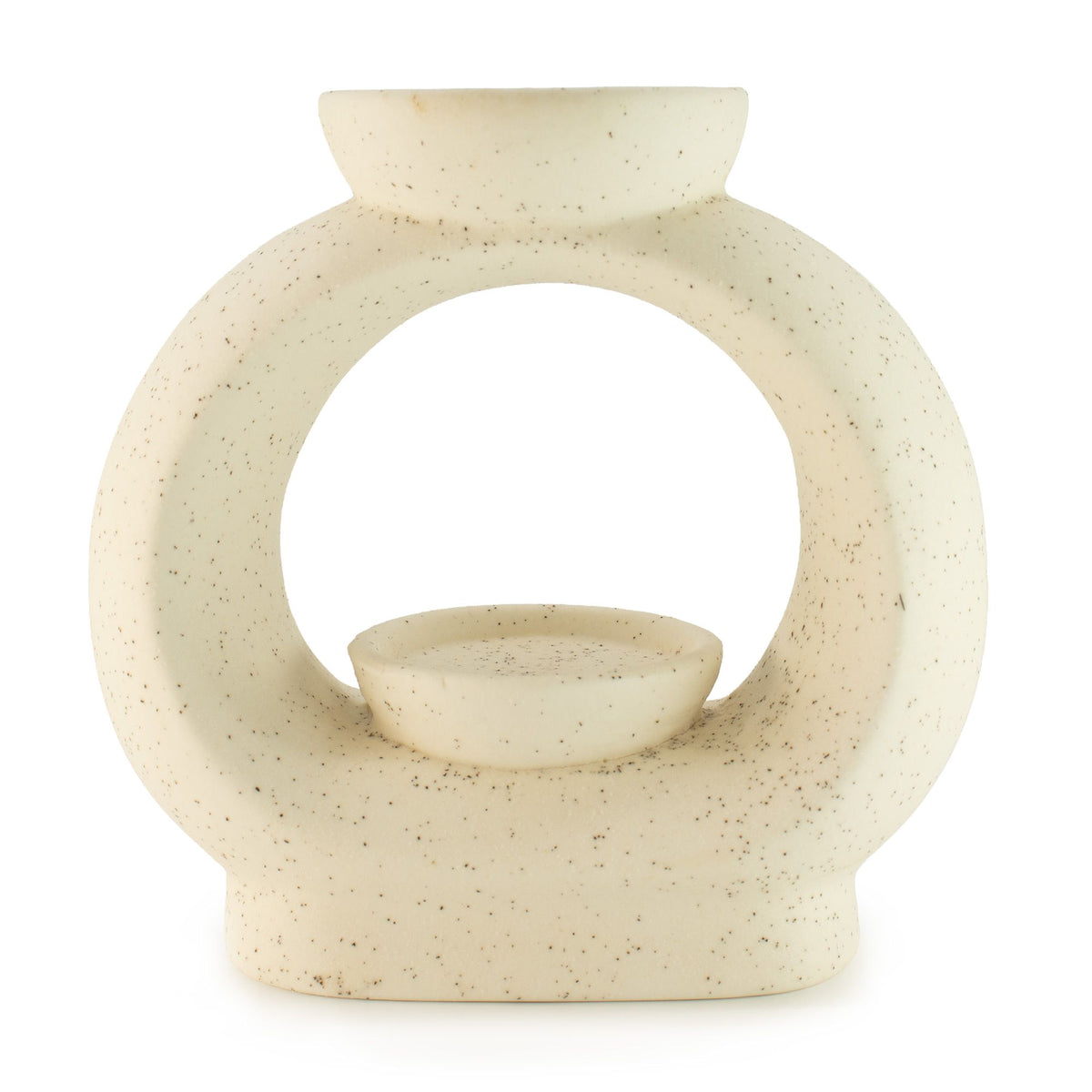 Ceramic Zen Oil Burner, Large Oval Pebble, Speckled Off-White, front view on white