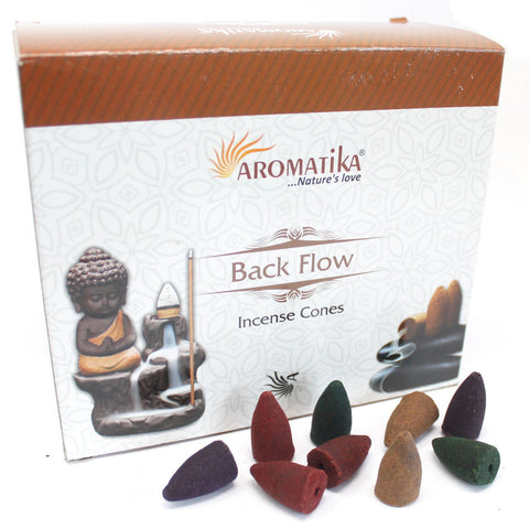 Aromatica Backflow Incense Cones, Dragons Blood in a white and copper box with assorted cones in front