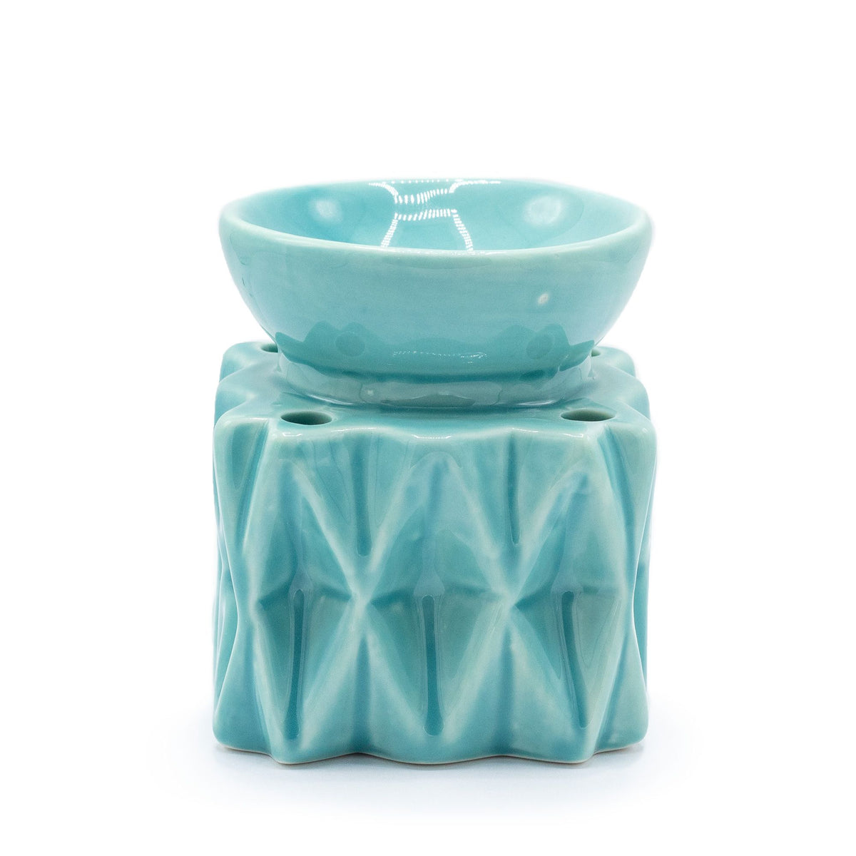 Oil Burner Geometric, Blue, glossy turquoise burner with a raised geometric base and top bowl, front view