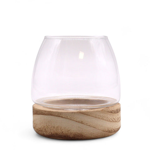 Mini Terrarium on Natural Tung Wood, clear glass bowl on a rounded wooden base against white