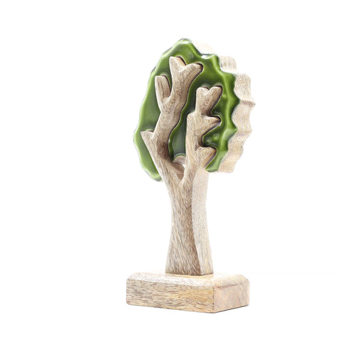 Single tree wooden decoration with a green enamel-style canopy on a mango wood base
