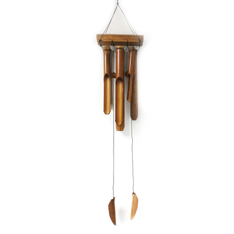 Bamboo Windchime, natural finish with long brown tubes and hanging pull pieces, shown against white