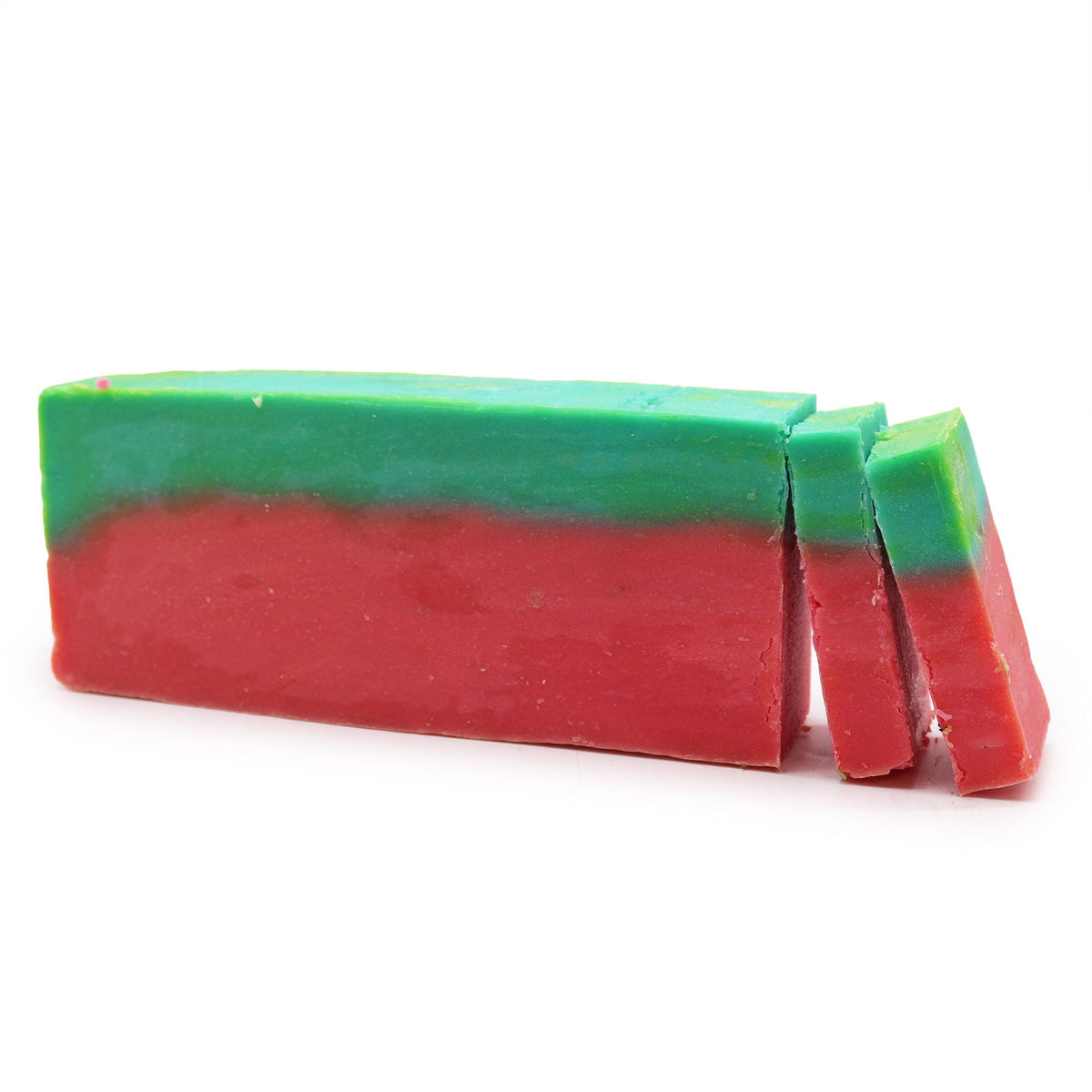 Watermelon, Olive Oil Soap Loaf, green and red bar with two slices leaning against it