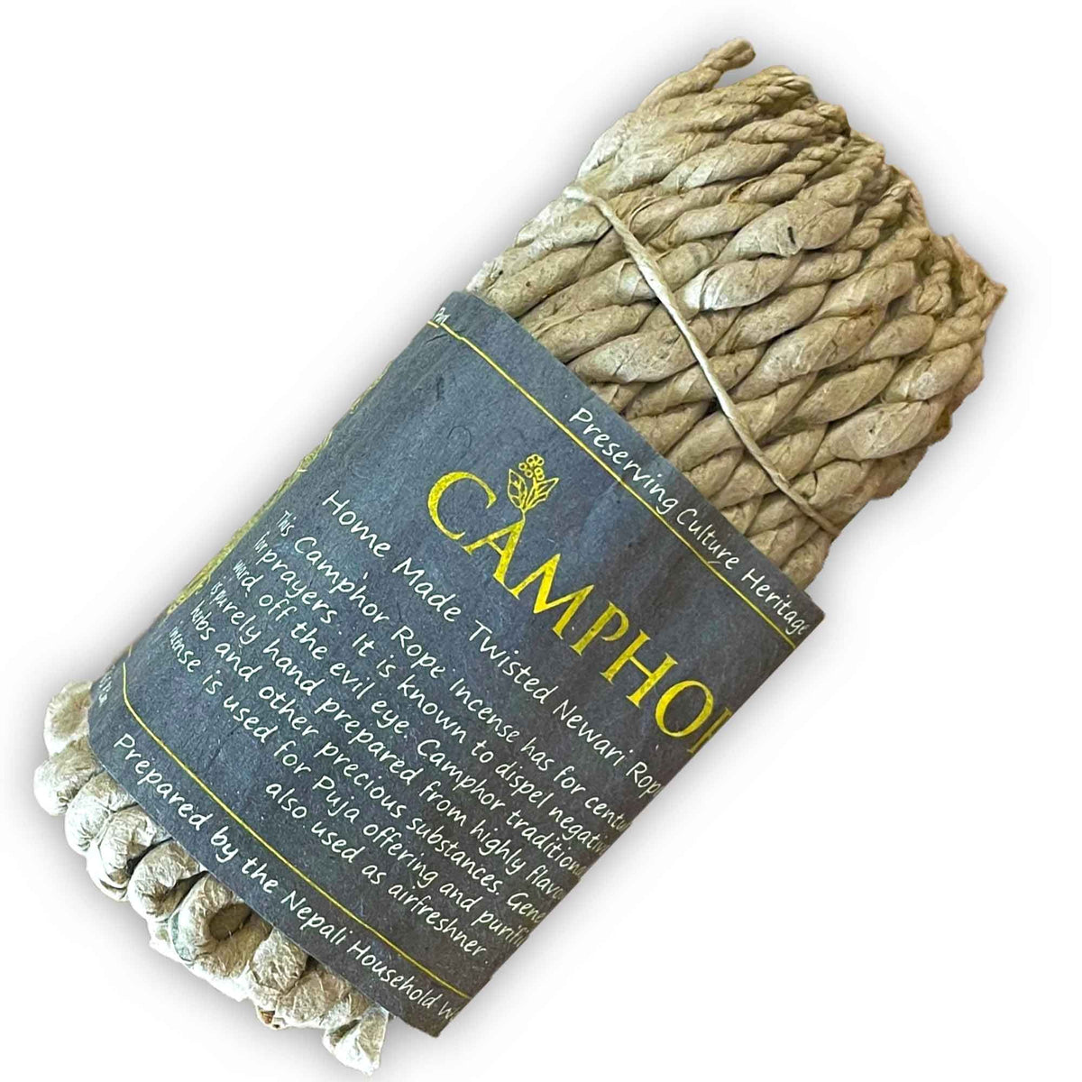 Pure Herbs Rope Incense, Camphor, beige twisted ropes bundled with a dark label, shown diagonally