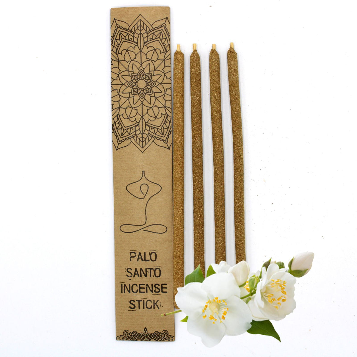 Palo Santo Large Incense Sticks, Jasmine in a printed cardboard sleeve beside four brown sticks and white flowers