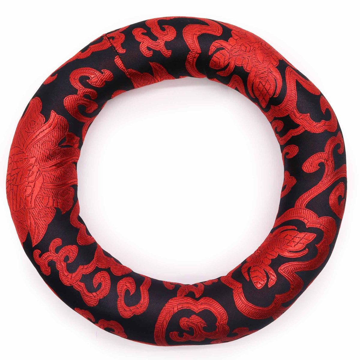 Hoop Cushion 20cm, black fabric with red ornate pattern, shown alone from above