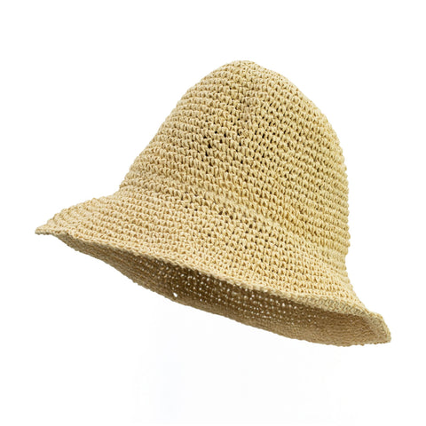Natural beige straw hat shown at an angle, showing the open crochet-style weave