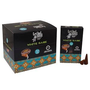 Tribal Soul Backflow Incense Cones, White Sage, black and patterned boxes with two brown cones