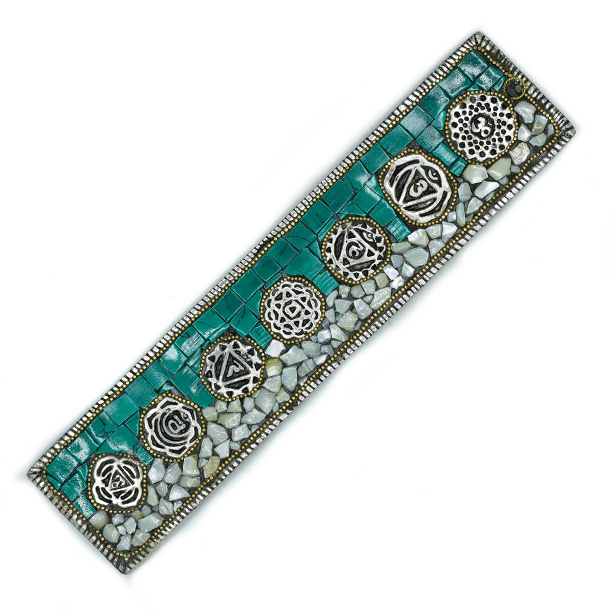 Seven Chakra Tibetan Decor Incense Holder, turquoise and white rectangular tray with circular symbols, viewed from above