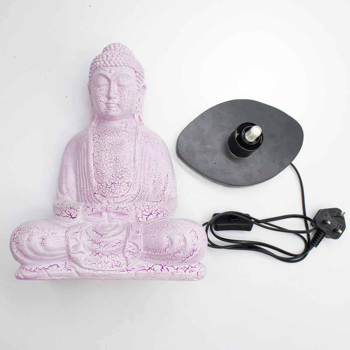 Meditation Buddha Lamp Cherry Crackle, Oval Stand, figure shown beside oval lamp base and black cable