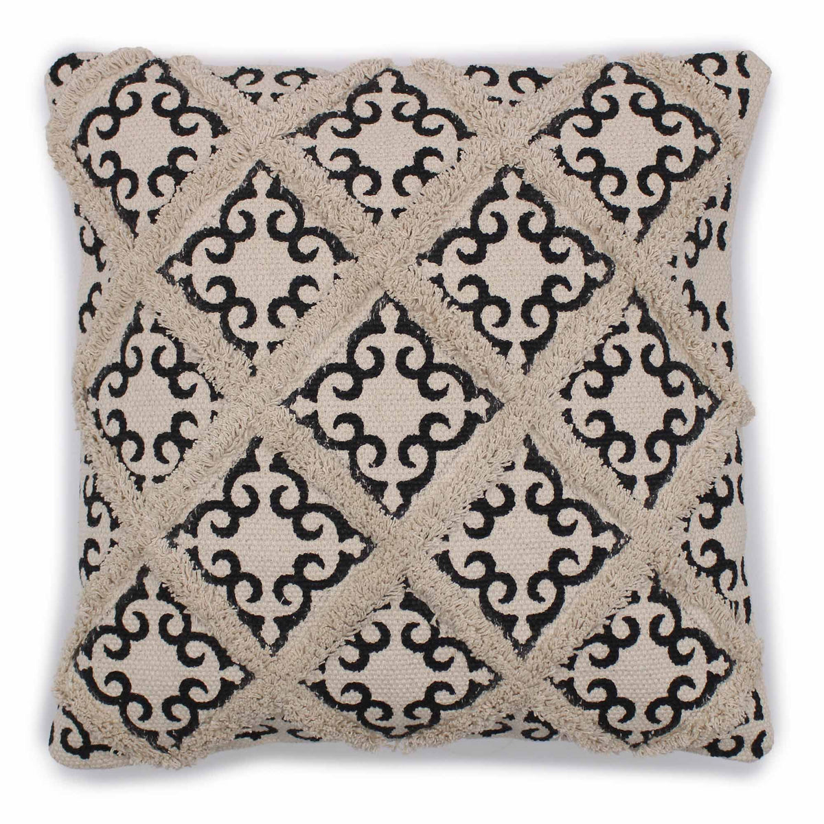 Classic Cushion Cover, Lux Criss-Cross & Print, 45x45cm, beige with black motifs, shown from the front