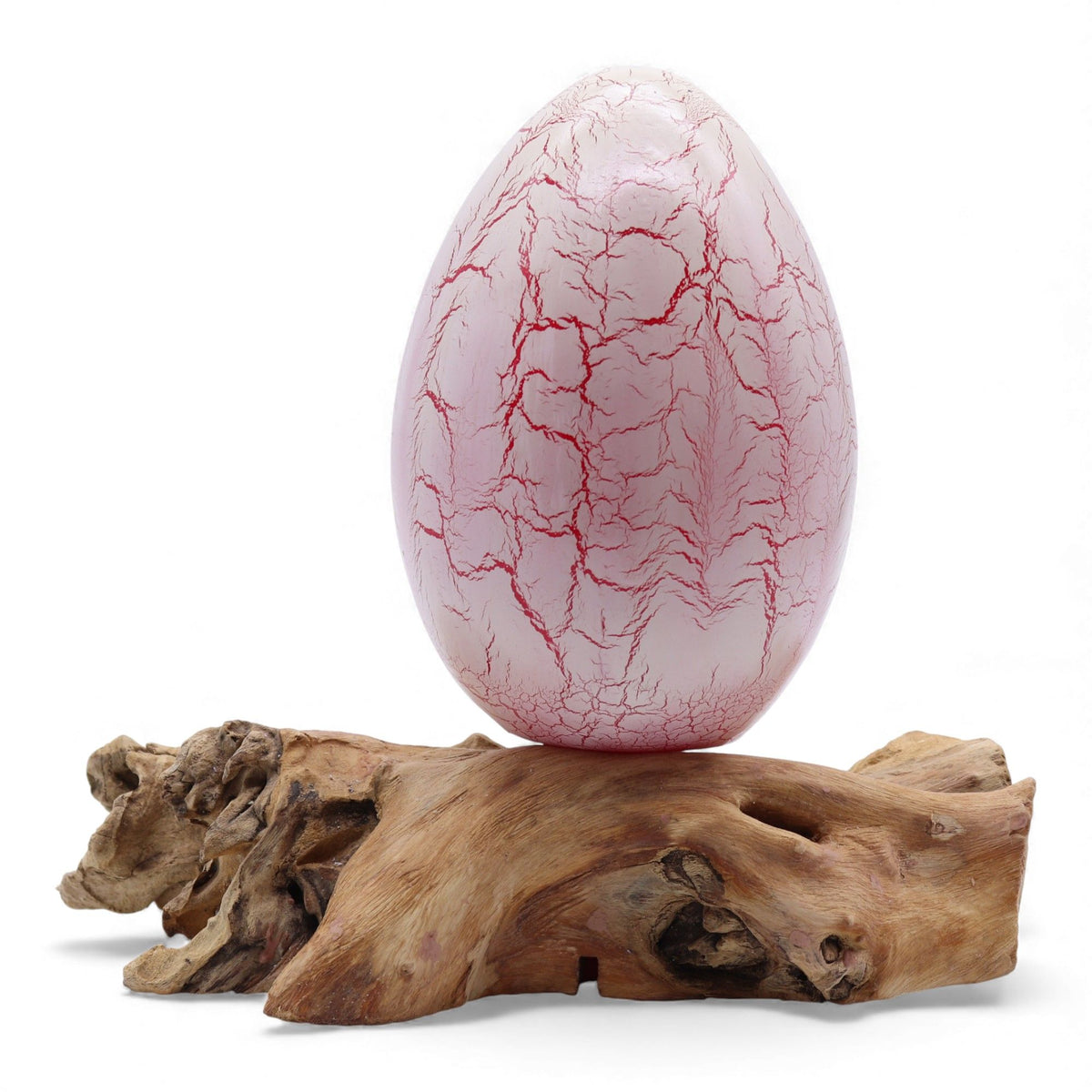 Unlit crackle egg shade on its natural wood base, shown from the front against a white background