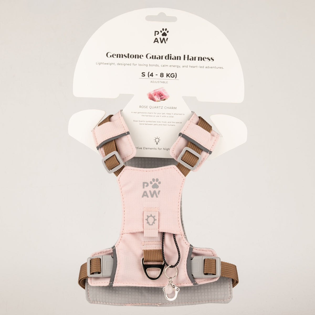 PAW soft pink dog harness with adjustable straps and paw charm
