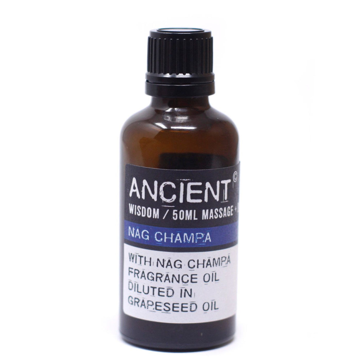 Nag Champa Massage Oil in a single amber bottle, front label facing forwards on white