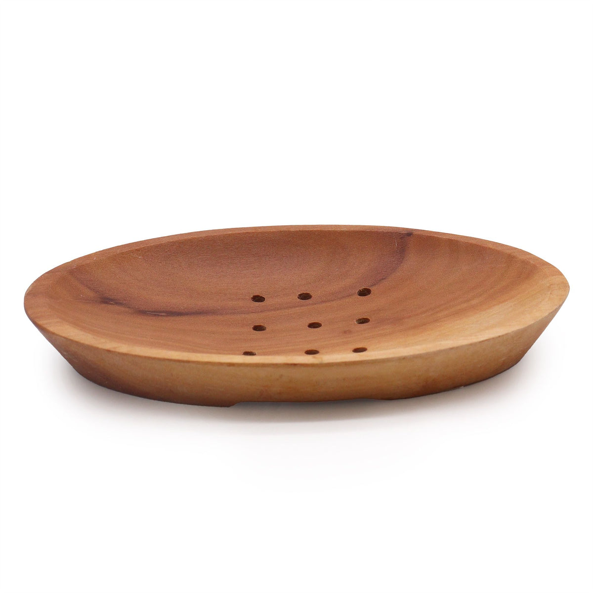 Oval mahogany soap dish shown from the side, with drainage holes inside on a white background