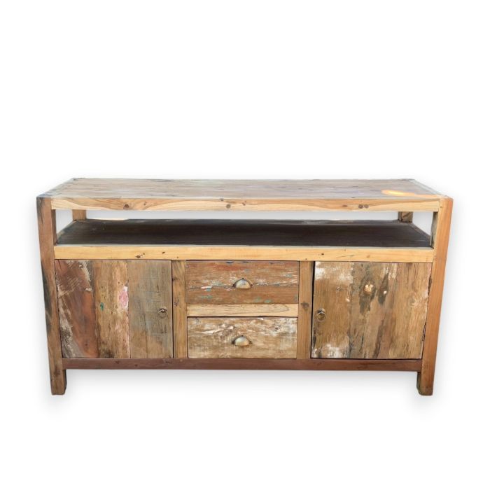 Recycled wood TV stand shown alone from the front, with two doors, drawers and an open shelf