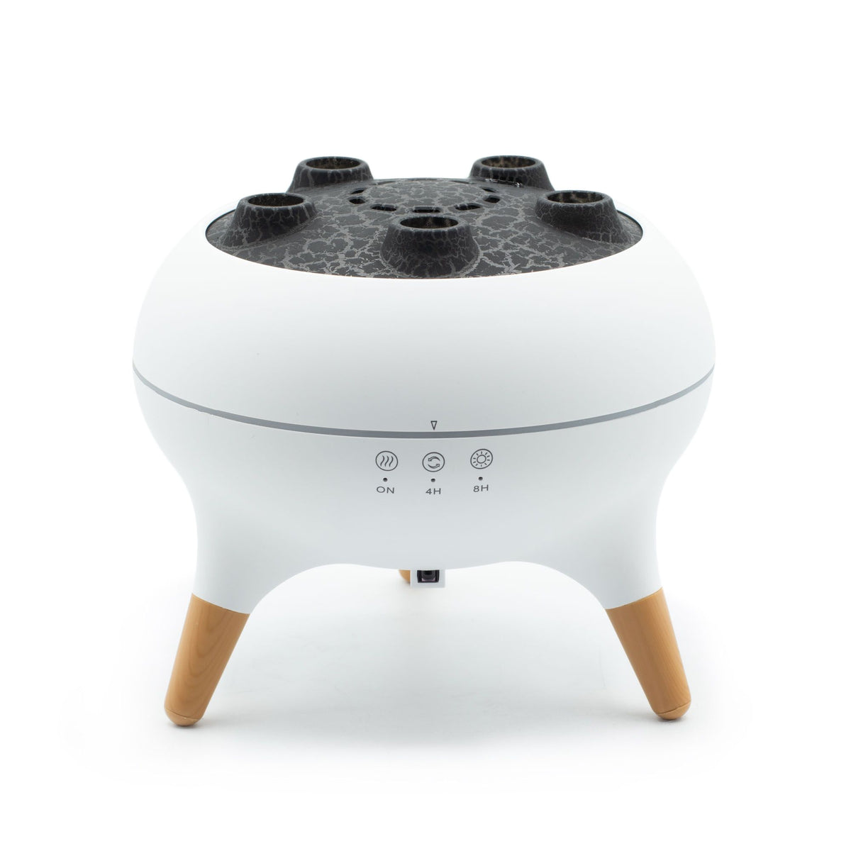 White jellyfish aroma diffuser viewed from the front, with a dark top plate and three wooden-coloured legs