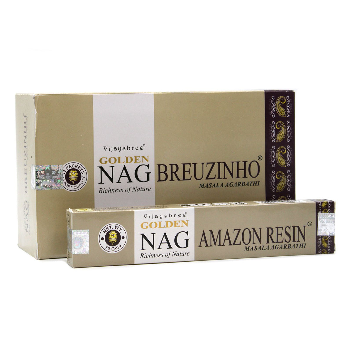 15g Golden Nag, Breuzinho incense packaging, a large gold box behind a slim Amazon Resin carton