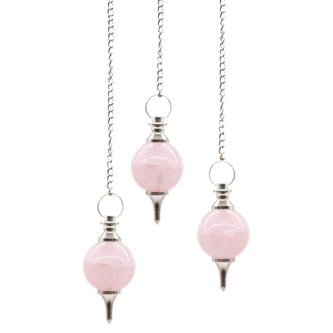 Sphere Pendulums, Rose Quartz, three pale pink stone spheres with silver chains and pointed tips