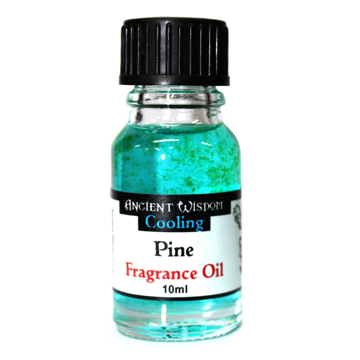 10ml Pine Fragrance Oil in a clear bottle with turquoise contents, black cap and front label