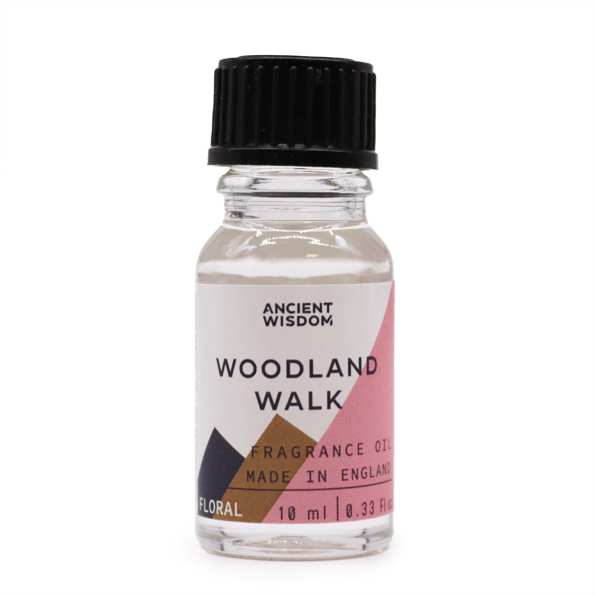 10ml Woodland Walk Fragrance Oil in a clear bottle with a black cap and pink geometric label