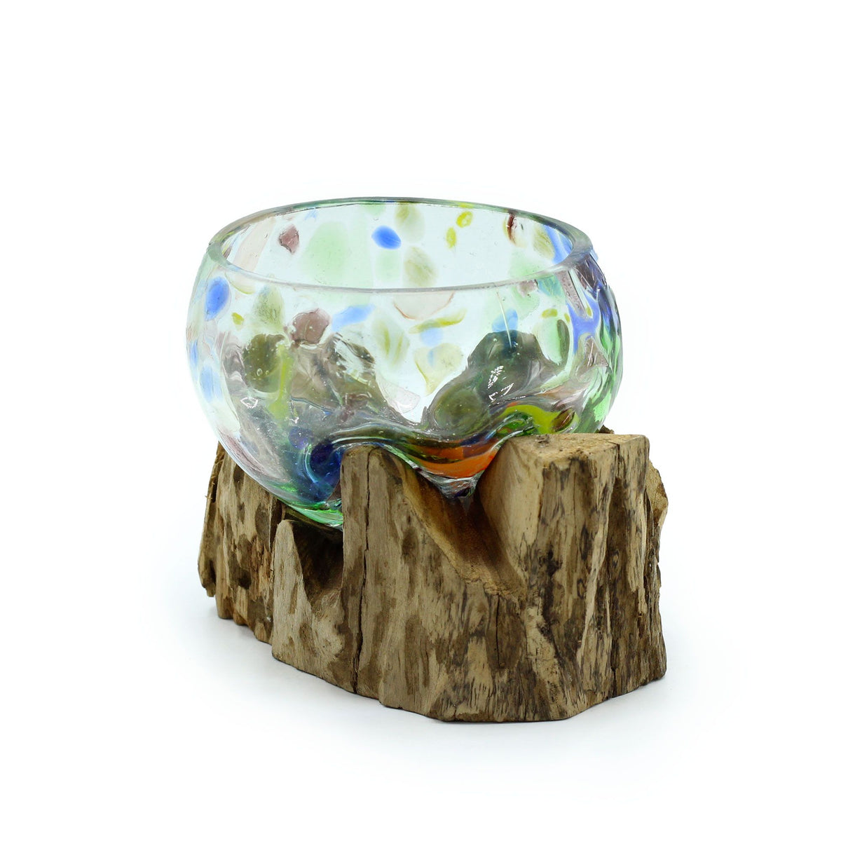 Molten Coloured Glass on Wood, Small Bowl with a clear bowl speckled in colour on a wooden base
