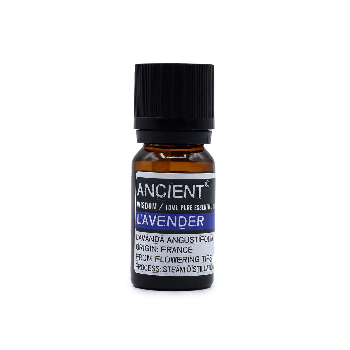 Single upright amber lavender oil bottle shown from the front against a plain white background