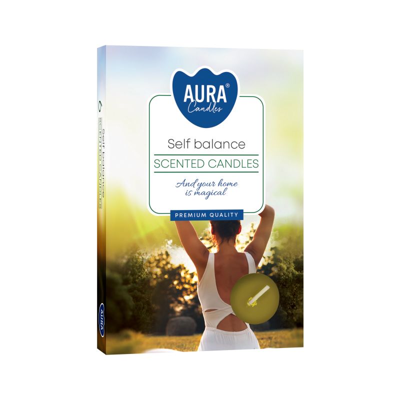 Set of 6 Scented Tealights, Self Balance, front of a white box showing a woman stretching outdoors