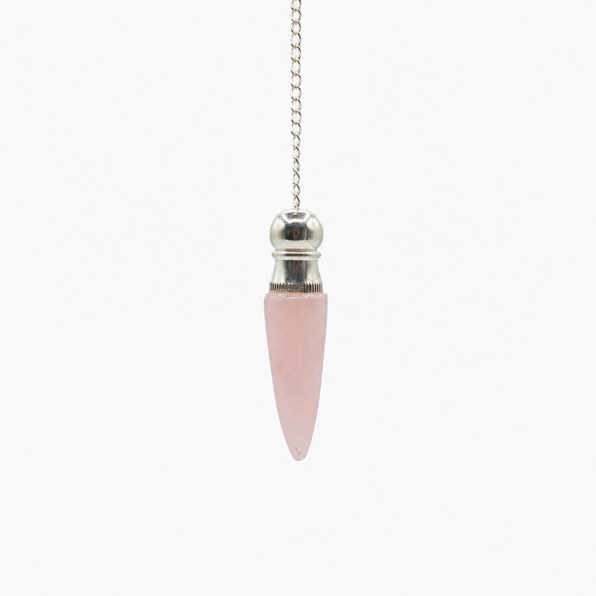 Rose quartz pendulum hanging from its silver plated chain, shown alone against a white background
