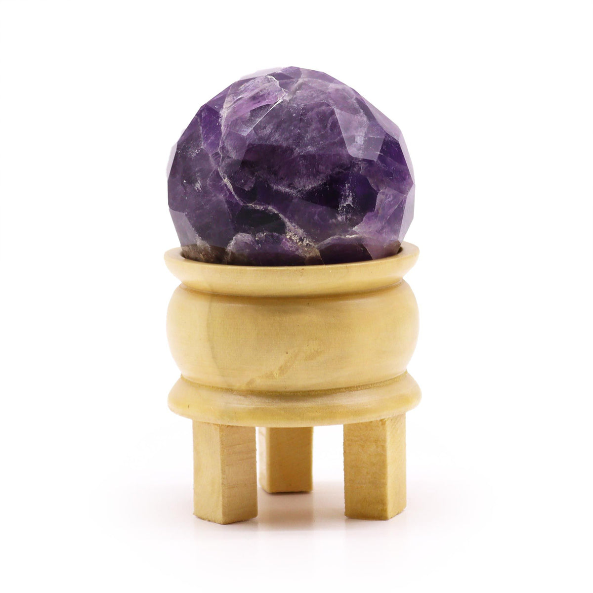 Gemstone Faceted Healing Ball & Stand, Amethyst, purple faceted ball on a pale wooden stand