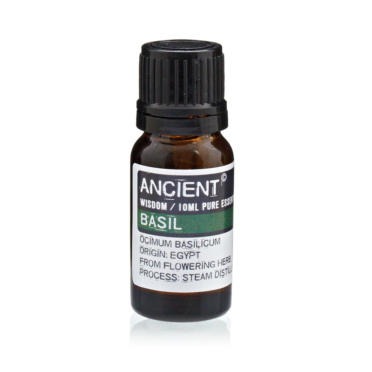 10 ml Basil Essential Oil in a small brown glass bottle with a black cap, shown upright from the front