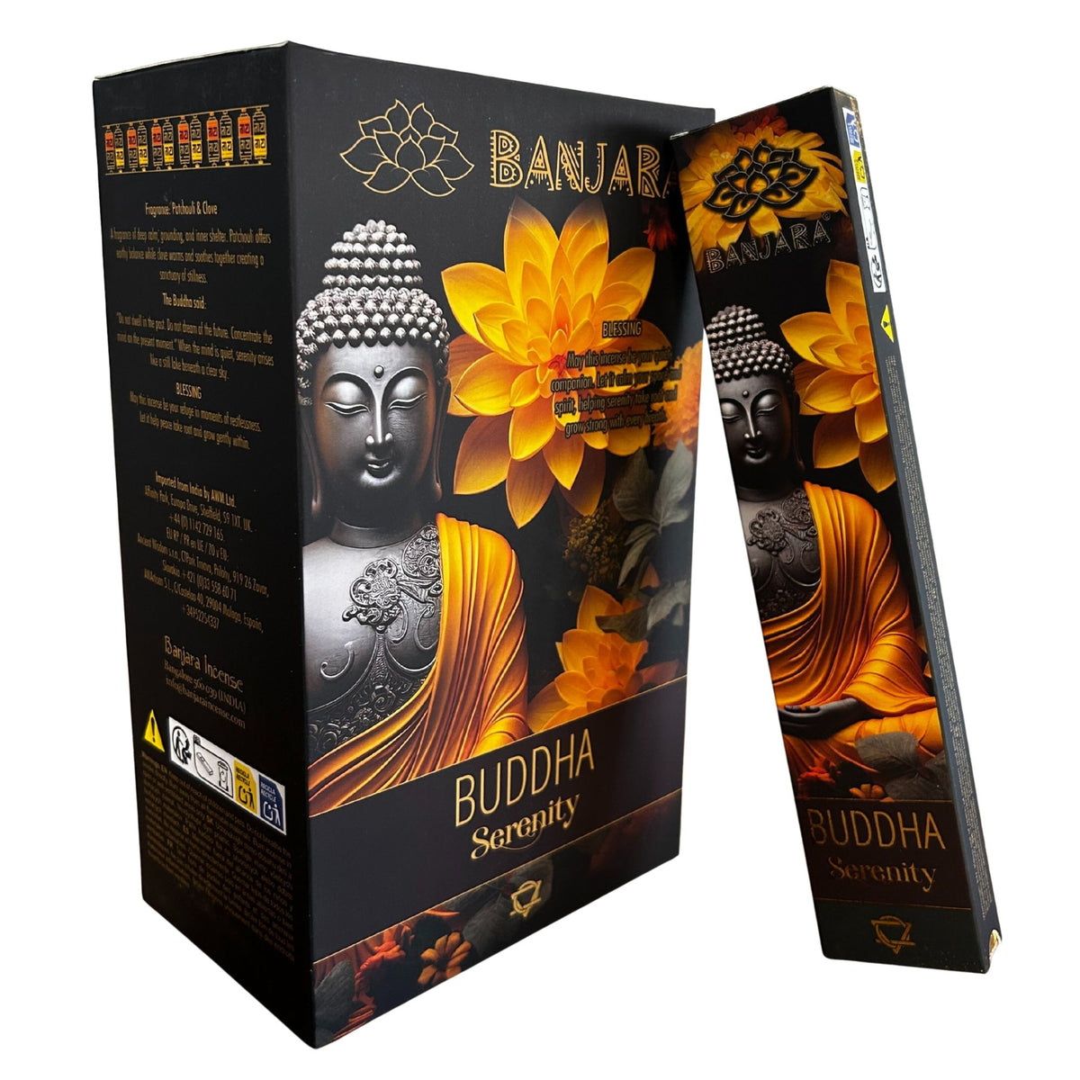 Banjara Buddha, Serenity incense in black and orange packaging, shown from the front and side