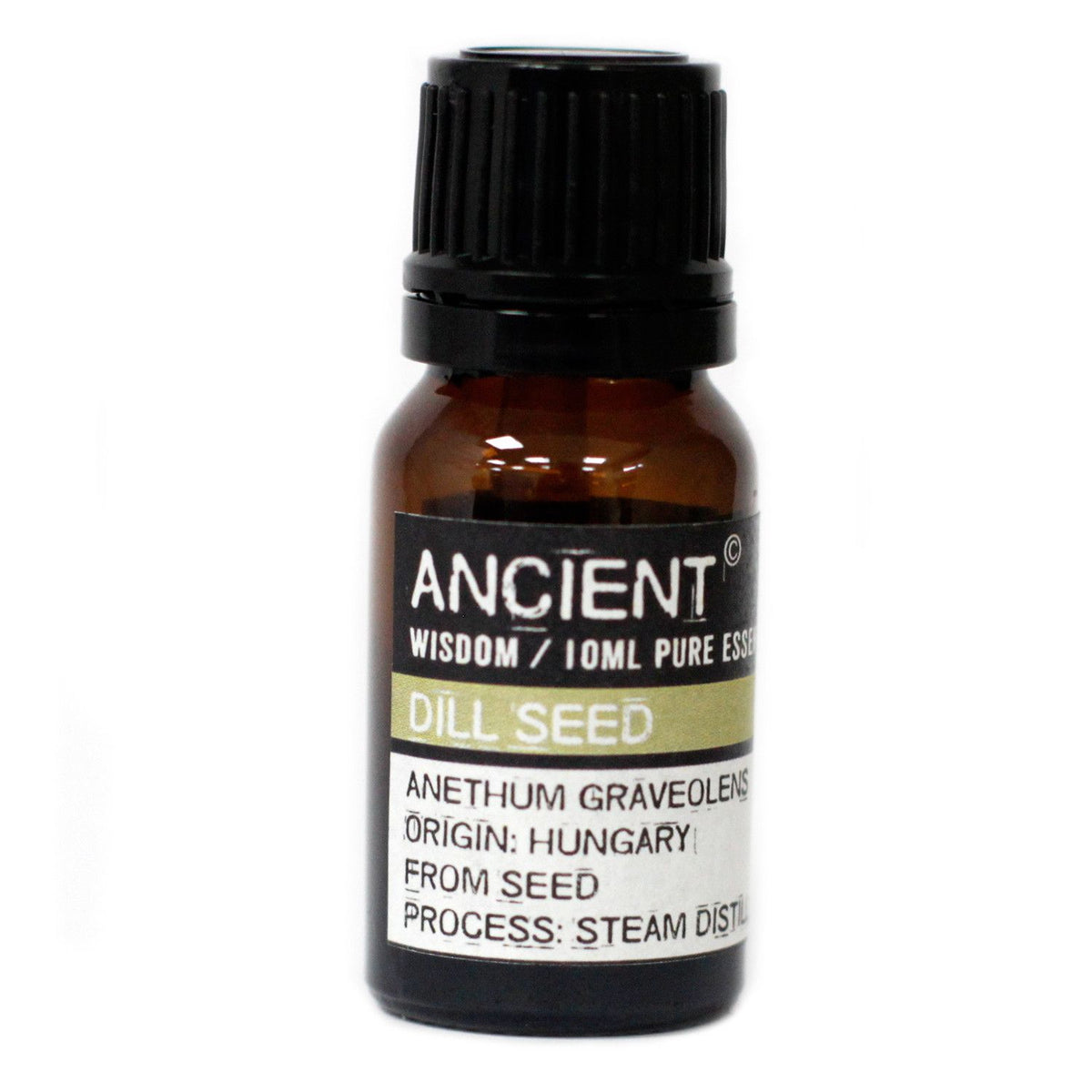 10 ml Dill Seed Essential Oil in a small amber bottle with a black cap, shown front on