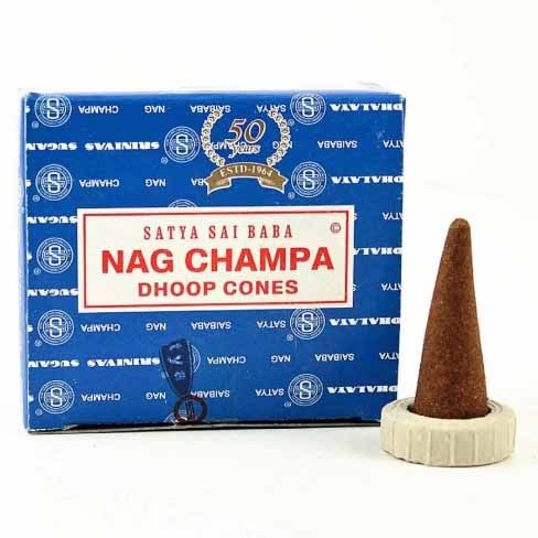 Satya Sai Baba Nag Champa Dhoop Cones box, with one cone standing on its holder